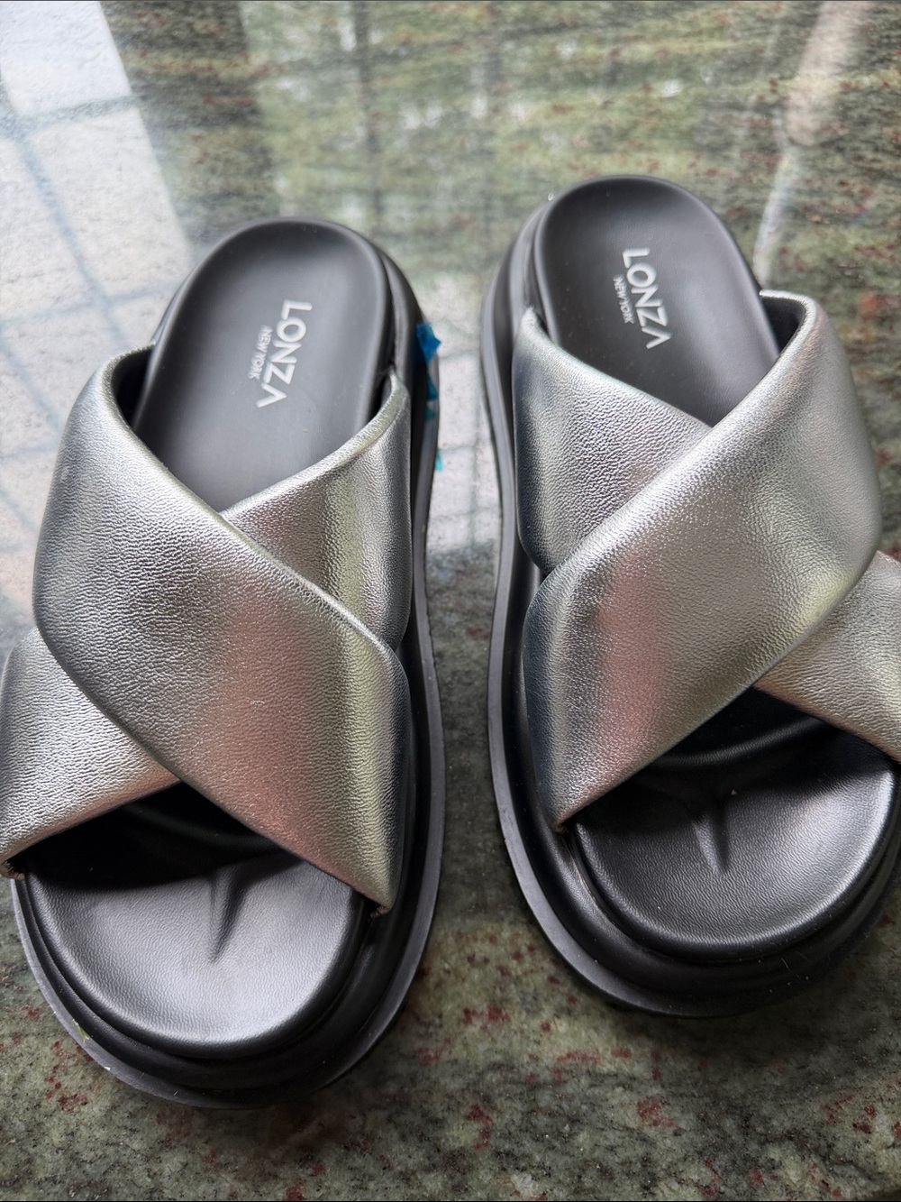 Silver Metallic Cross-Band Slide Sandals for Women